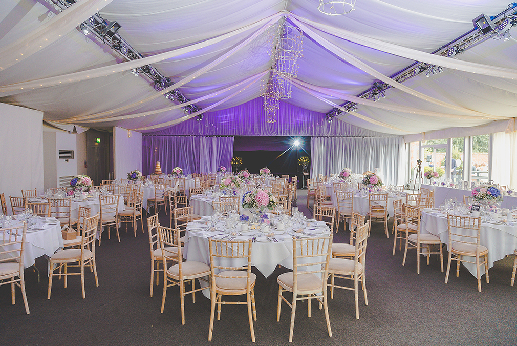 The Pavillion at Braxted Park is dressed for an elegant wedding reception